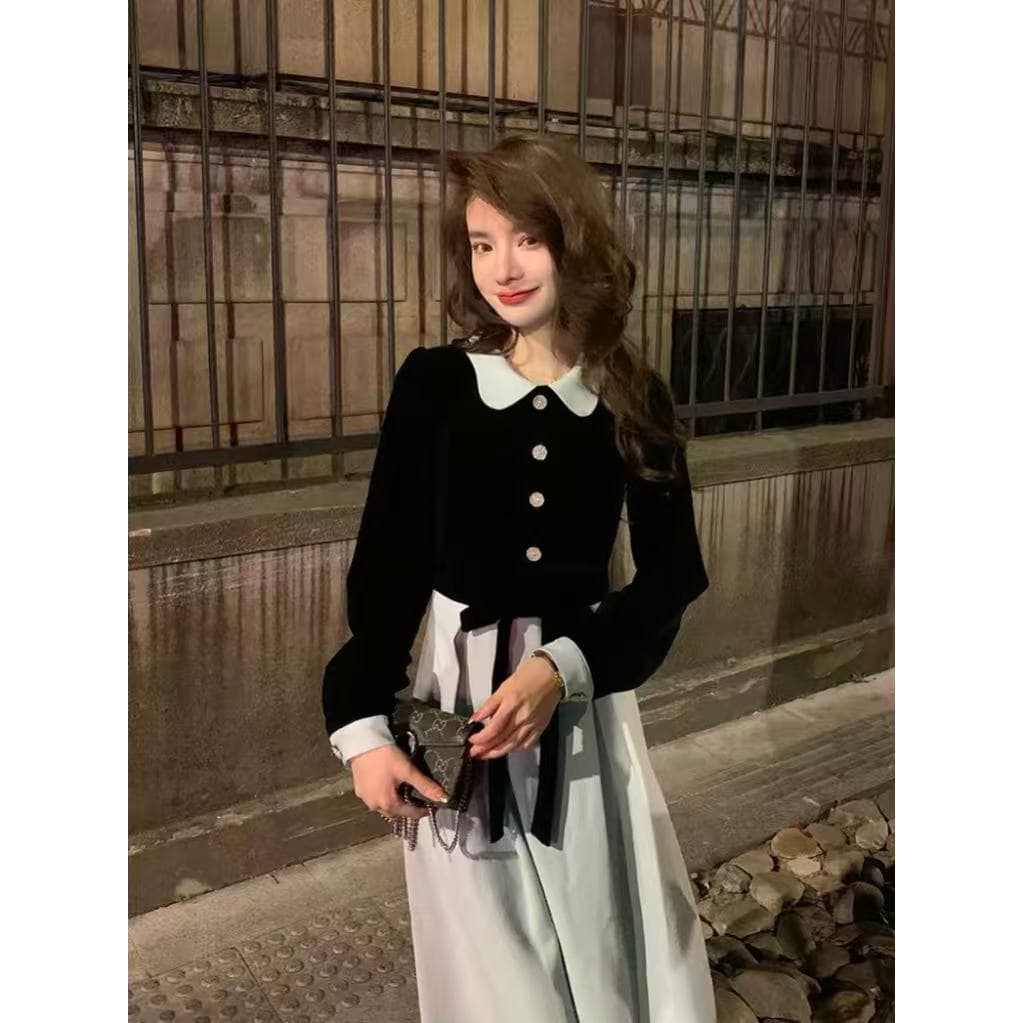 프랑스식 첫사랑 달콤함 배색 드레스 품격 작은 드레스 파란색 베이비 칼라 길다 치마 작은 샤넬 스타일 패션 여성