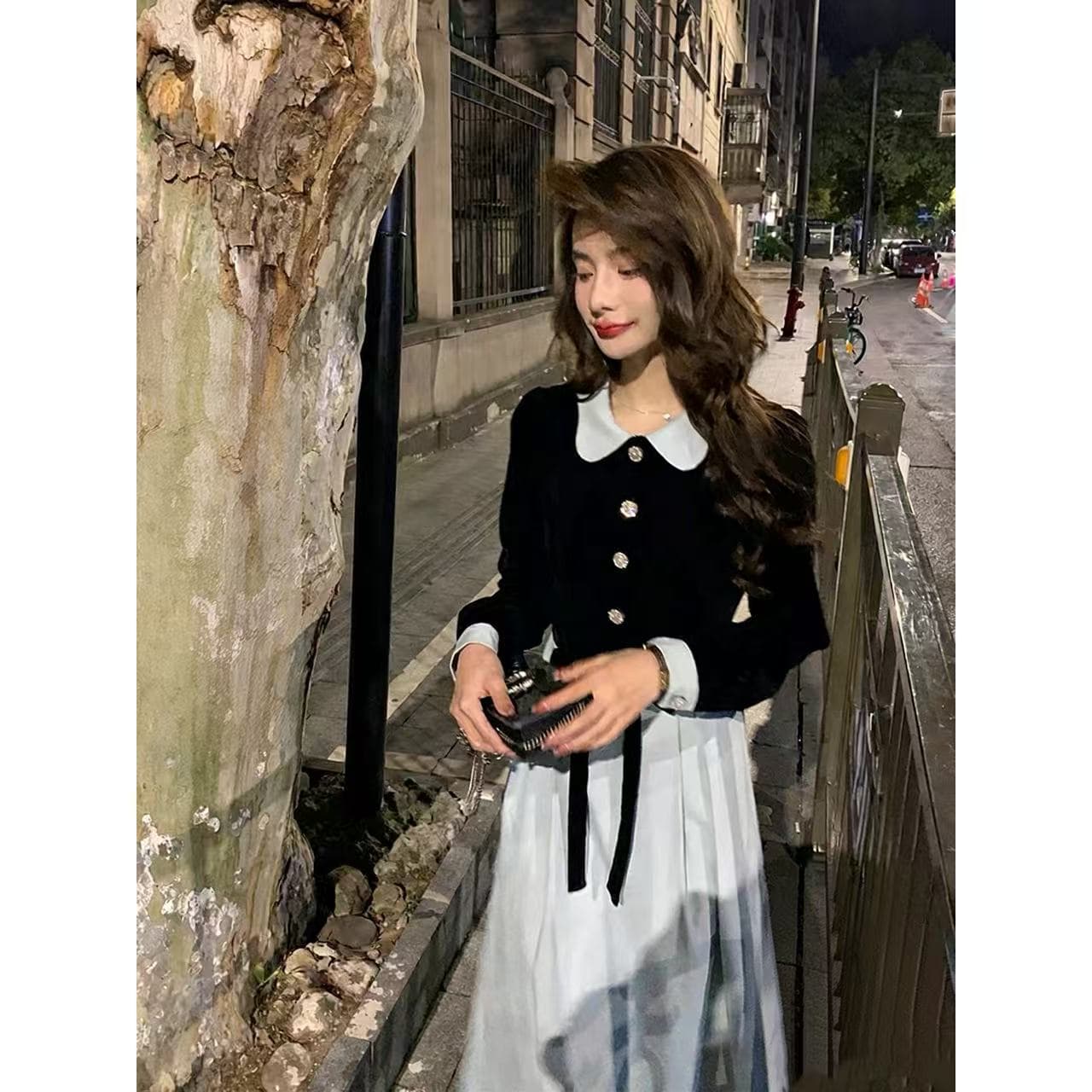 프랑스식 첫사랑 달콤함 배색 드레스 품격 작은 드레스 파란색 베이비 칼라 길다 치마 작은 샤넬 스타일 패션 여성 이미지 4