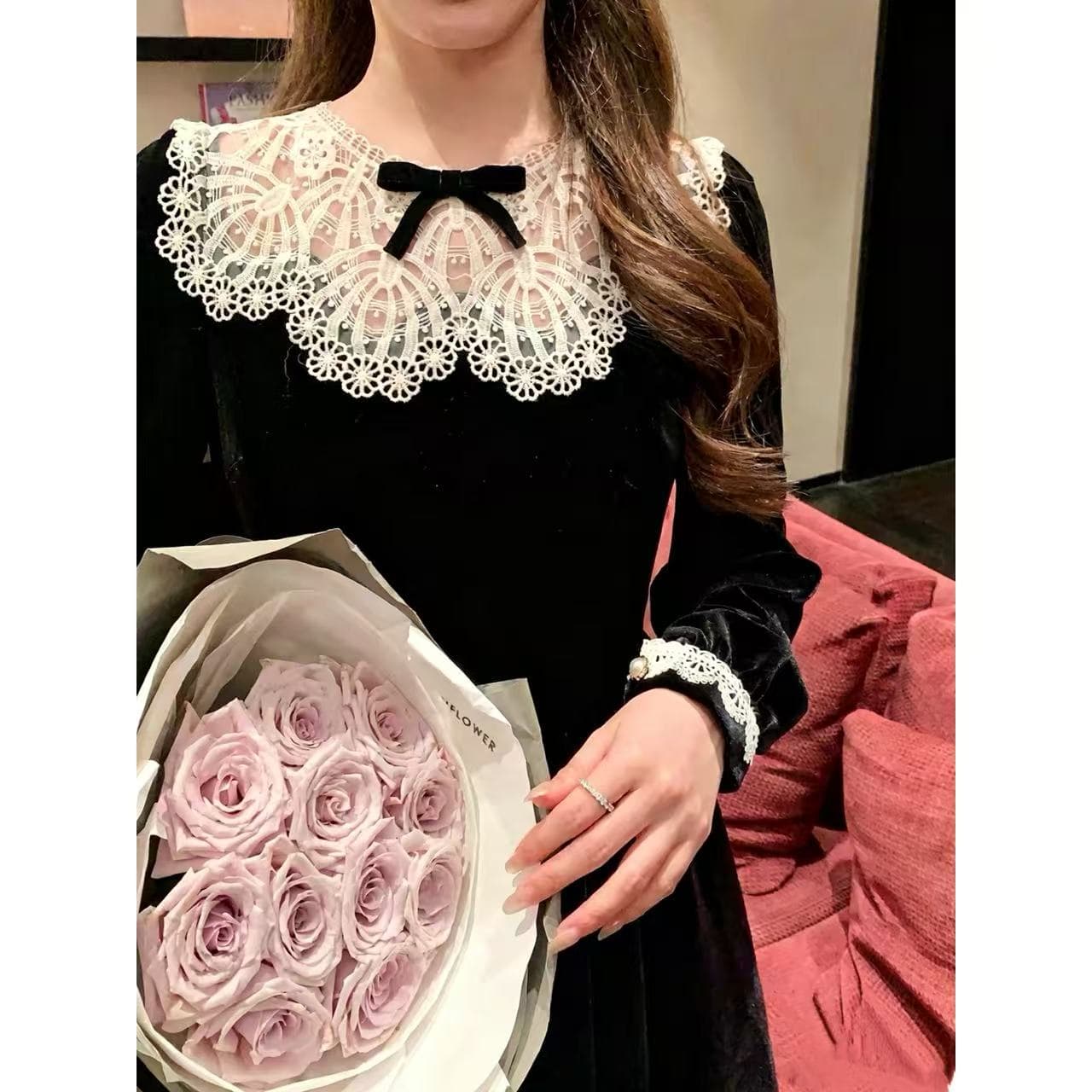 달콤함 그는 벤 천 금빛 바람 배색 레이스 조각 벨벳 드레스 허리 수축 긴팔 작은 검은 드레스 생일 행사 치마 여성 이미지 3