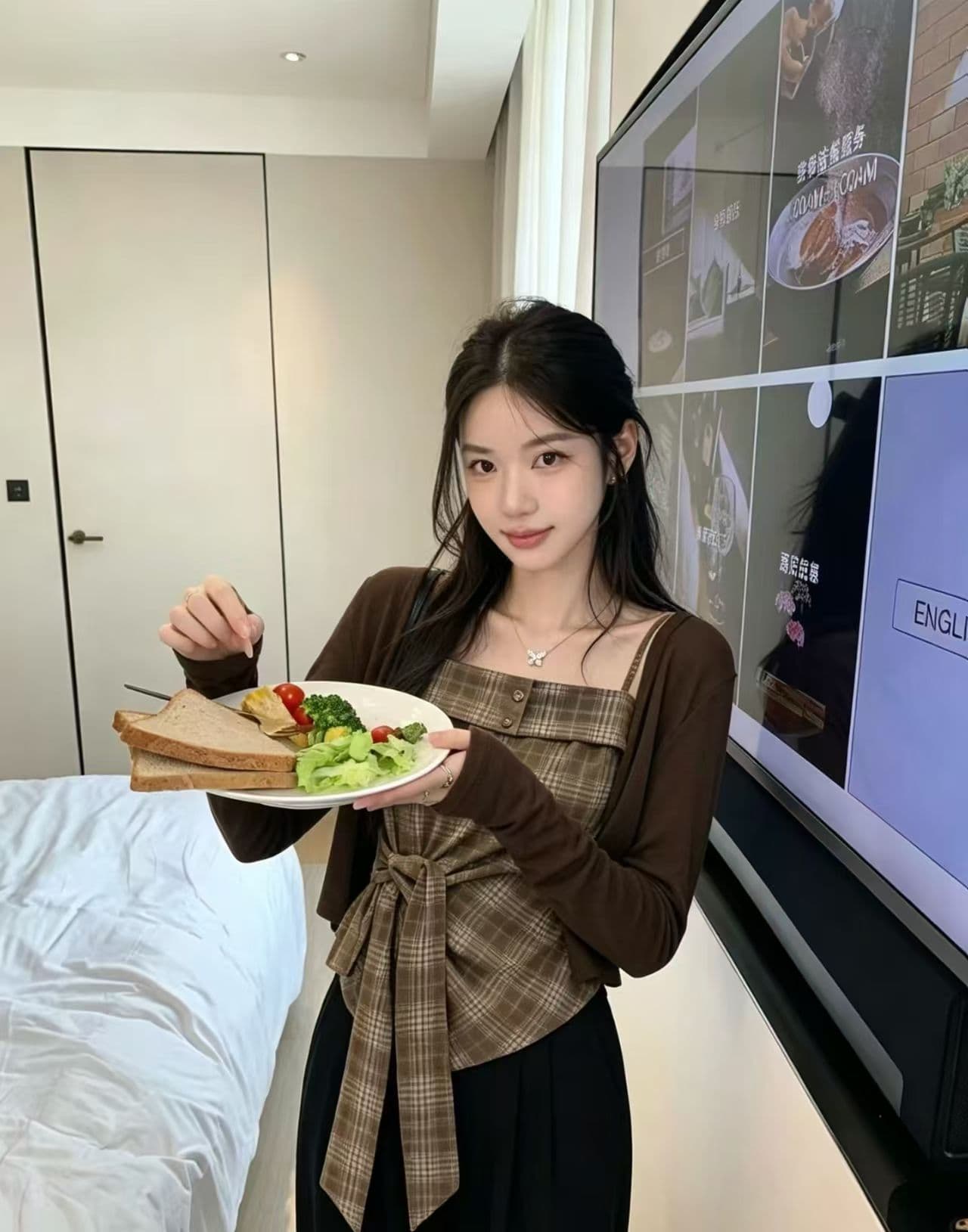 체크무늬 튜브탑 슬립 외부 가져 가라. 긴팔 오픈 가디건 여성 이른 가을 새로운 스트랩 허리 수축 불규칙 밑단 민소매 맨위 상세 이미지 2