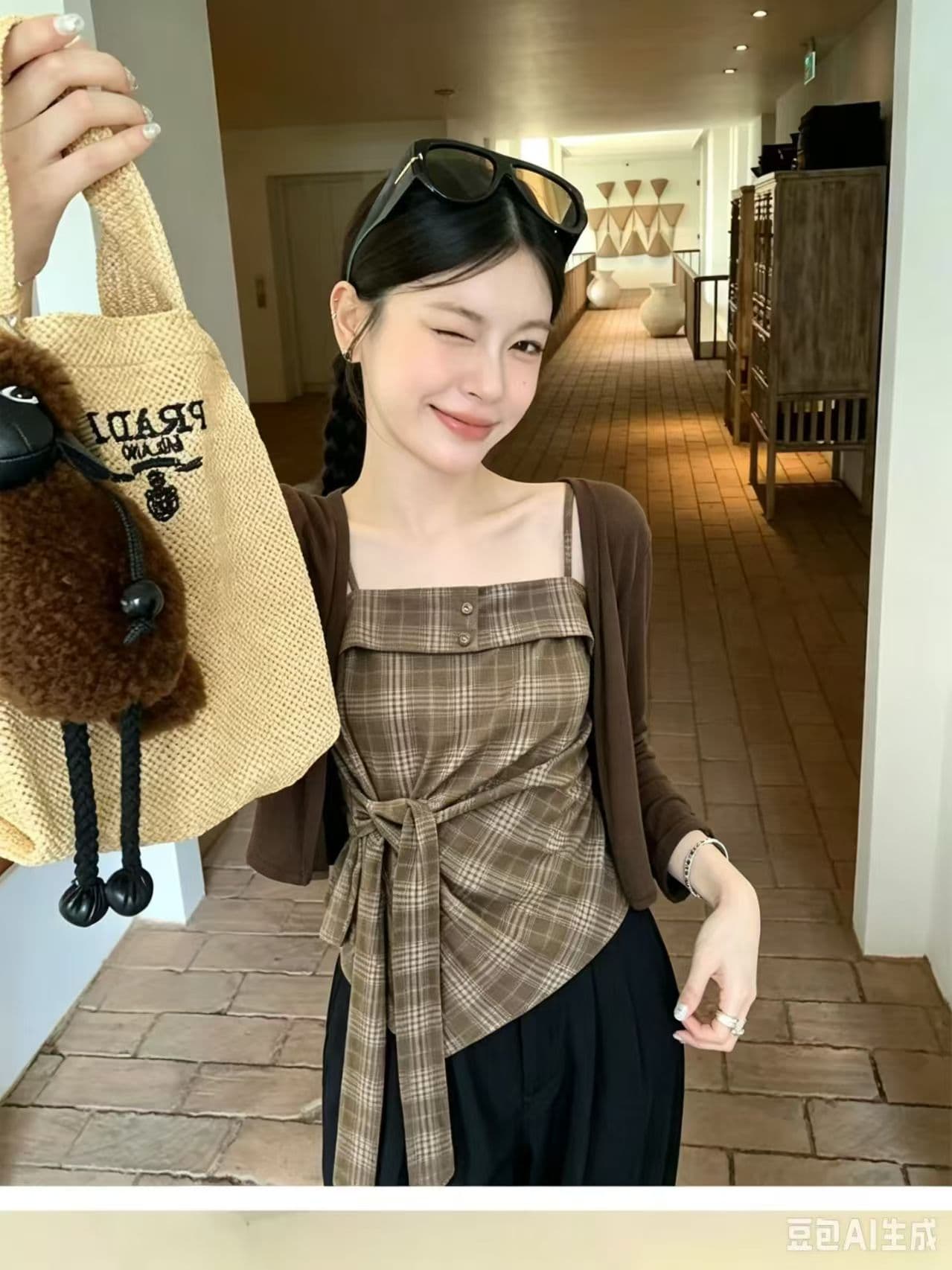 체크무늬 튜브탑 슬립 외부 가져 가라. 긴팔 오픈 가디건 여성 이른 가을 새로운 스트랩 허리 수축 불규칙 밑단 민소매 맨위 상세 이미지 4