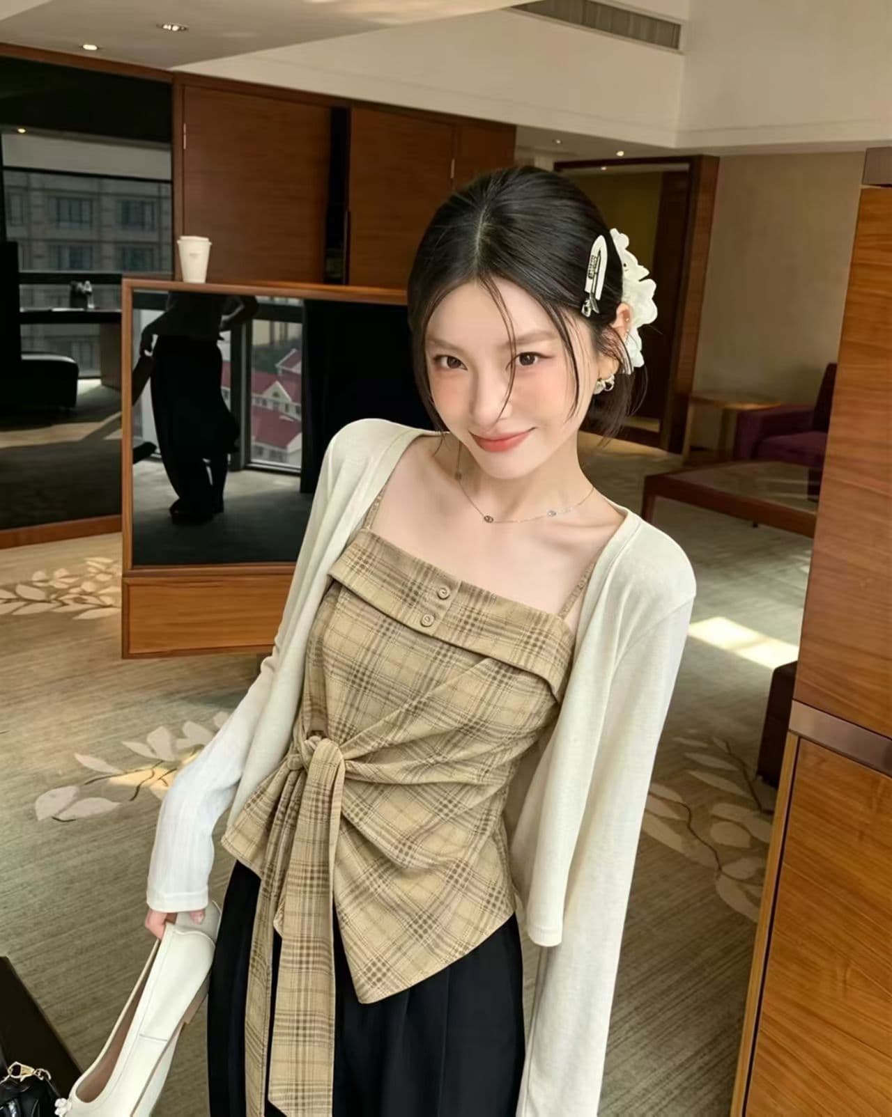 한 부서 핫걸 레트로 체크무늬 허리 수축 스트랩 캐미솔 여름 긴팔 오픈 가디건 패션 다용도 투피스 세트 이미지 3