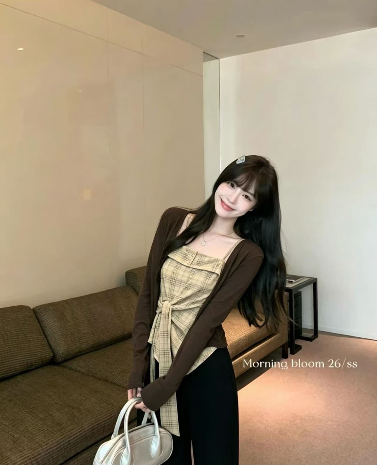 한 부서 핫걸 레트로 체크무늬 허리 수축 스트랩 캐미솔 여름 긴팔 오픈 가디건 패션 다용도 투피스 세트 상세 이미지 3