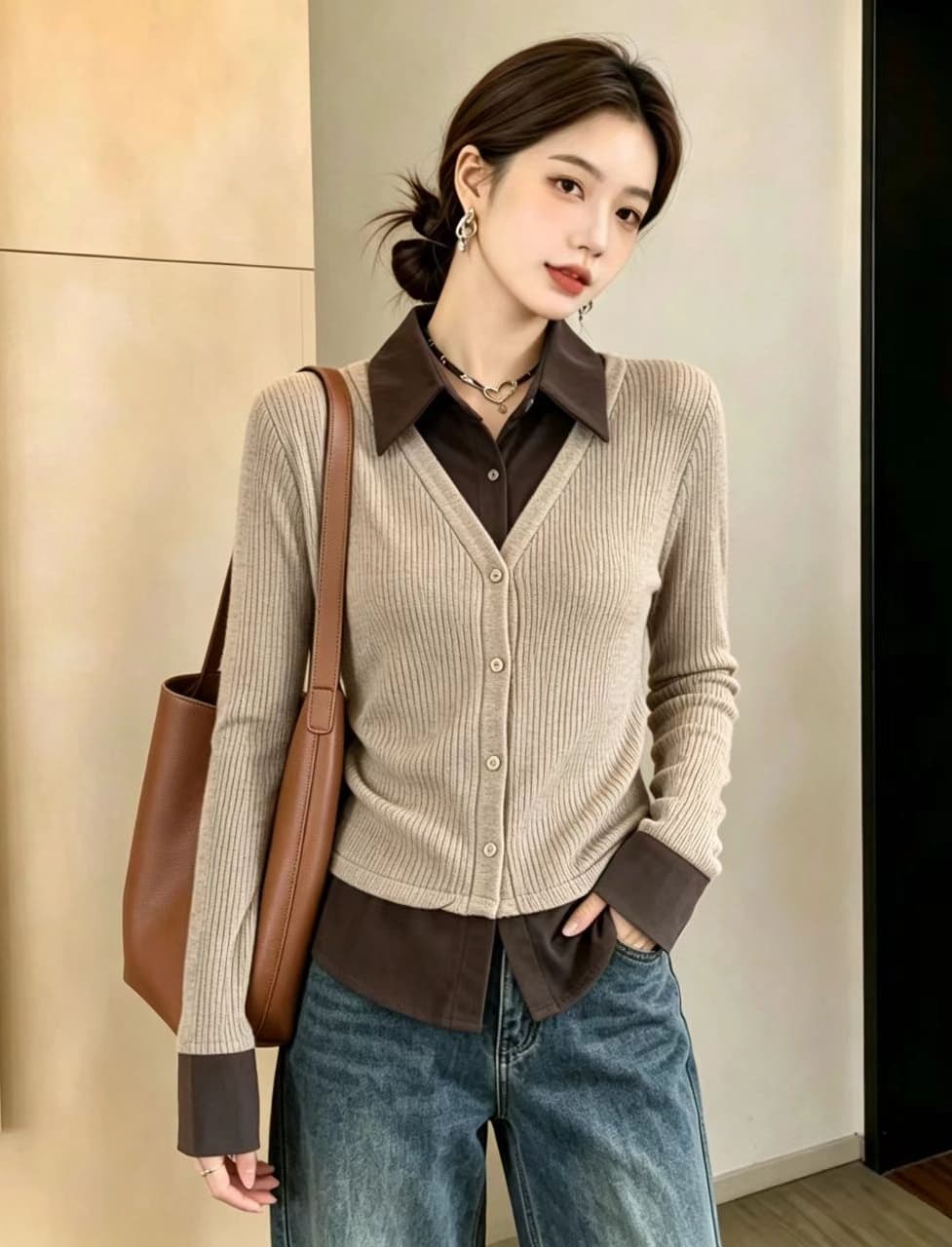 레트로 회색 긴팔 니트 스웨터 여성 빅 사이즈 2026 가을 디자인 센스 몸매 가꾸기 만나는 인사이드 잡아라. 의류 슬림해 보이는 상세 이미지 4