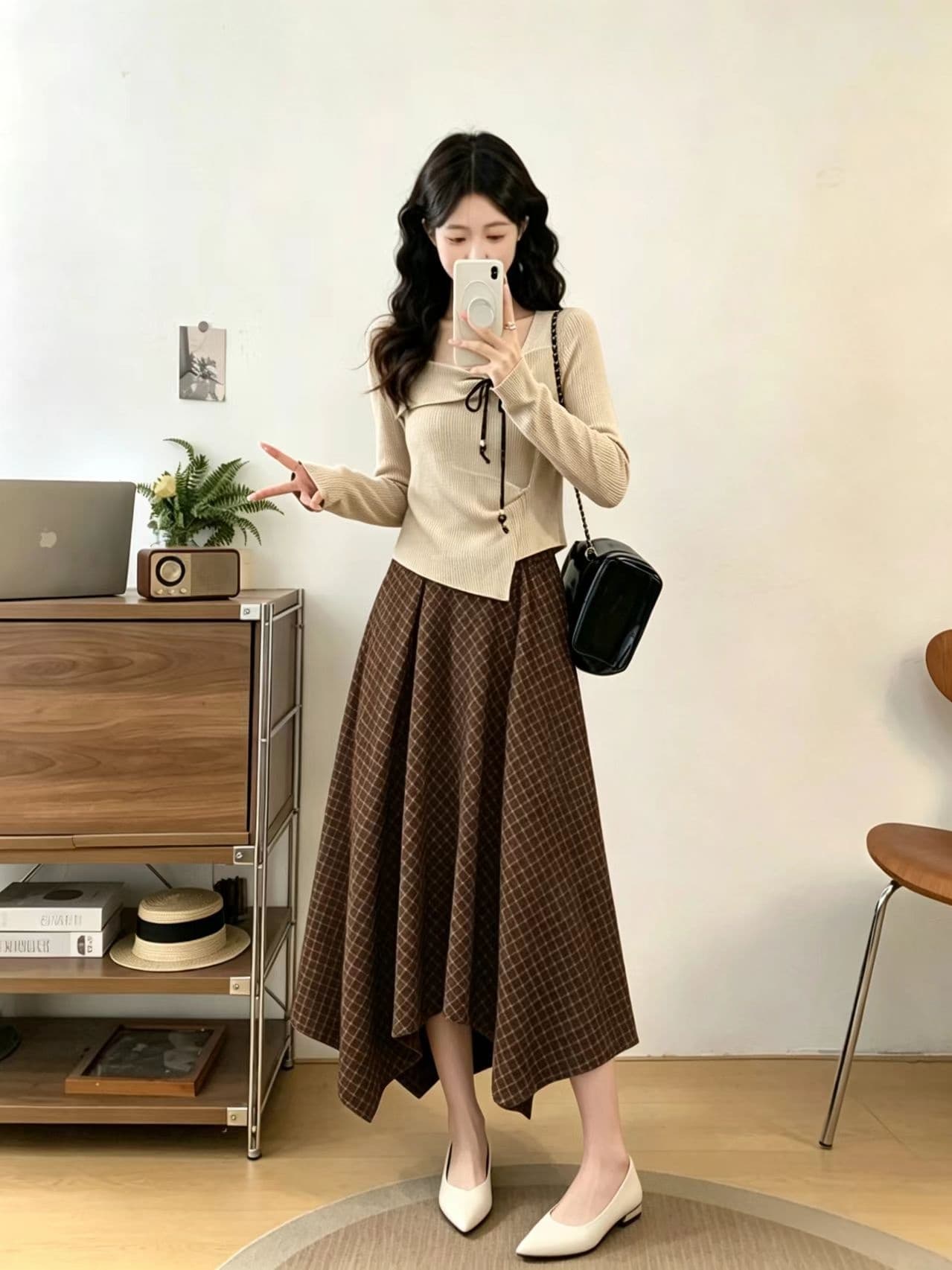 광장 칼라 맨위 체크무늬 반신 스커트 두 조각 여성 세트 가을 프랑스식 부드러운 바람 품격 슬림해 보이는 착용 가져 가라. 패션 세트 상세 이미지 6