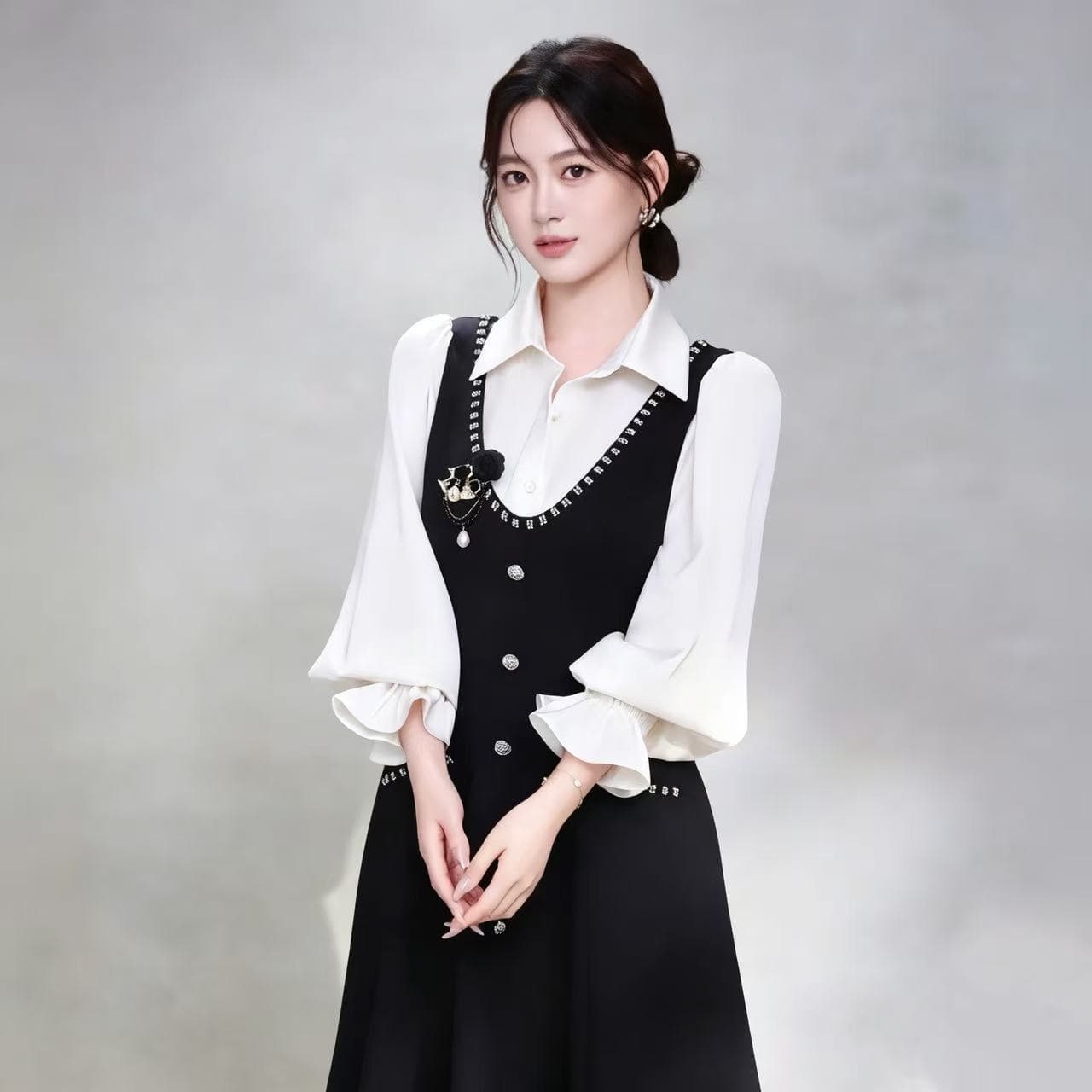 가을 롱 코트 높음 지혜 대 여성 주님 프랑스식 배색 신축성 브로케이드 면 페이크 레이어드 여성 드레스 상세 이미지 3