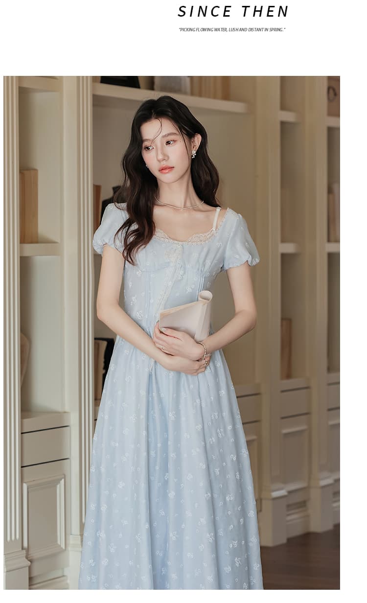 2026 여름 새로운 블루 바닥 작은 꽃무늬 광장 칼라 여성 드레스 고급 센스 허리 수축 한 마디 반팔 롱 스커트 상세 이미지 13