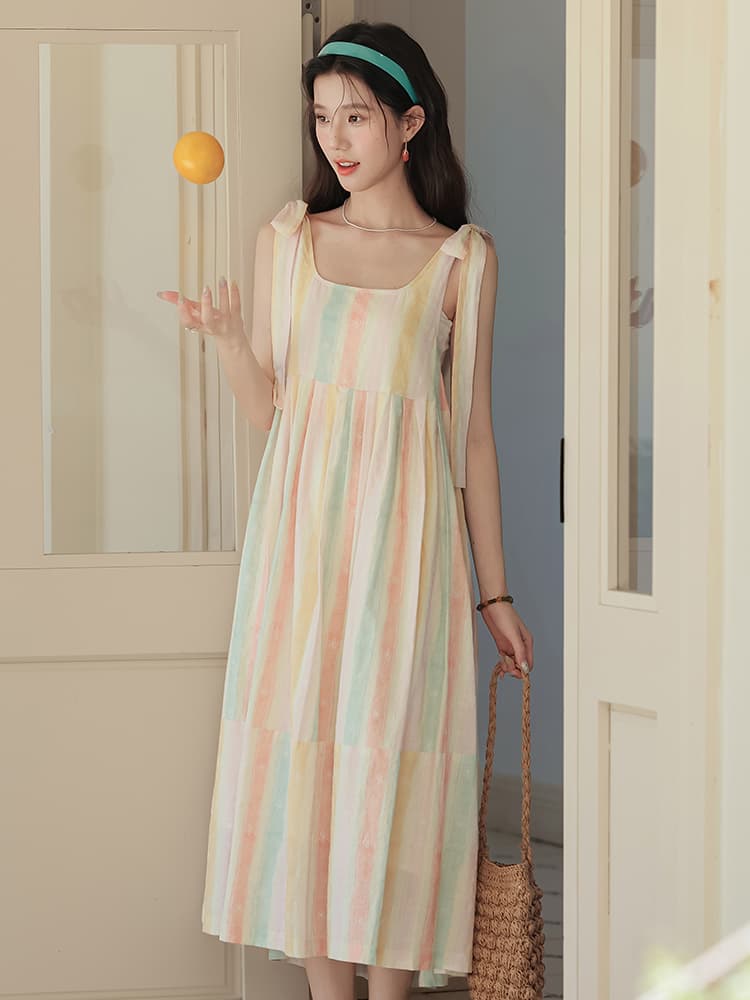 2026 새로운 슬립 여성 드레스 여름 프랑스식 달콤함 색상 스트라이프 패치워크 펌프 Pleat 민소매 롱 스커트 이미지 3