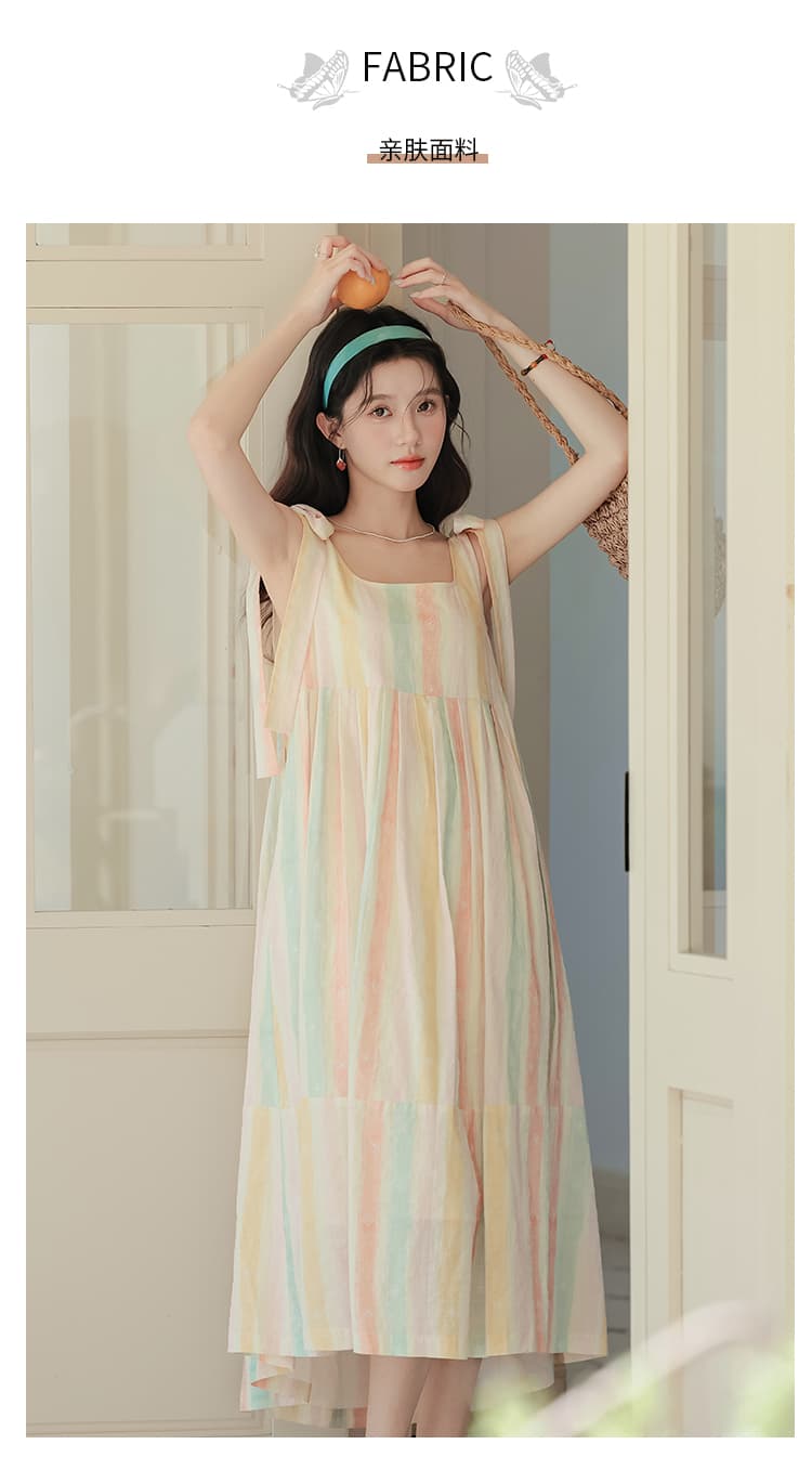 2026 새로운 슬립 여성 드레스 여름 프랑스식 달콤함 색상 스트라이프 패치워크 펌프 Pleat 민소매 롱 스커트 상세 이미지 6