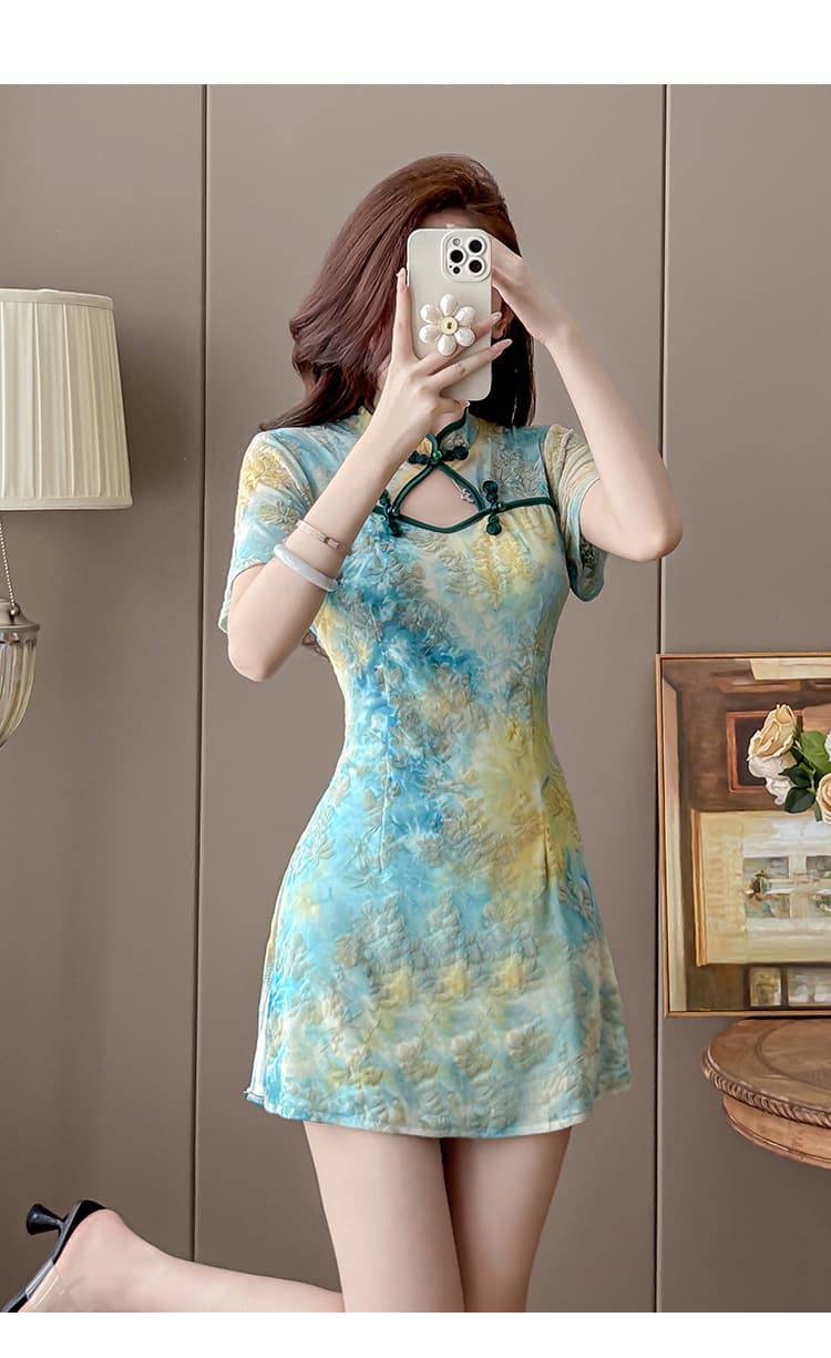 실사 새로운 레트로 중화 민국 바람 개선 치파오 망사 프린트 트임 중 점프 슈트 치마 세트 투피스 세트 상세 이미지 20