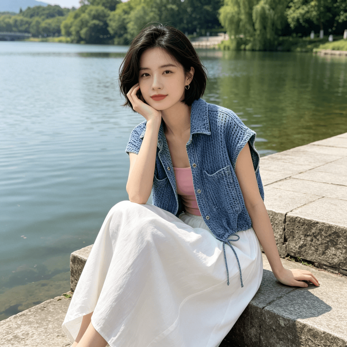 쇼트 스타일 작은 샤넬 스타일 데님 조끼 여자 여름 새로운 고급 센스 루즈핏 다용도 펌프 로프 허리 수축 조끼 재킷 트렌디 이미지 2