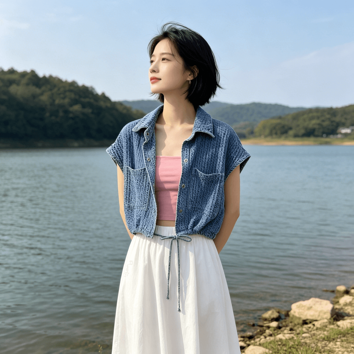 쇼트 스타일 작은 샤넬 스타일 데님 조끼 여자 여름 새로운 고급 센스 루즈핏 다용도 펌프 로프 허리 수축 조끼 재킷 트렌디 상세 이미지 2