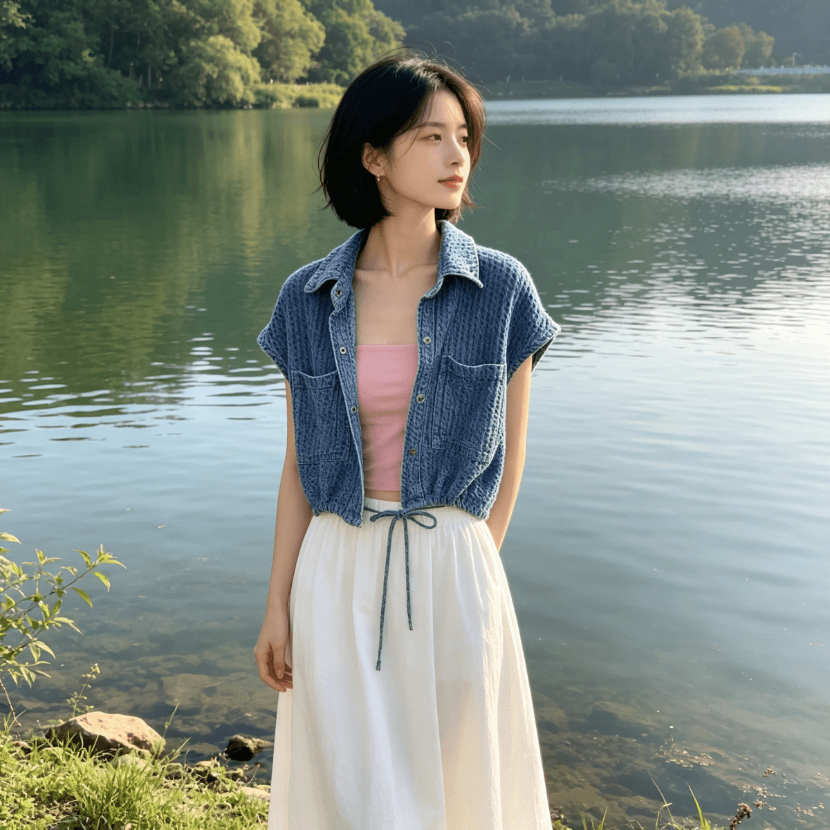 쇼트 스타일 작은 샤넬 스타일 데님 조끼 여자 여름 새로운 고급 센스 루즈핏 다용도 펌프 로프 허리 수축 조끼 재킷 트렌디 상세 이미지 3