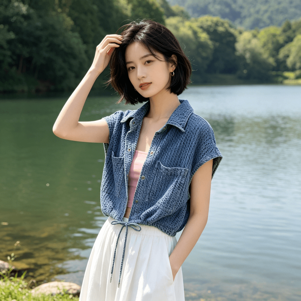 쇼트 스타일 작은 샤넬 스타일 데님 조끼 여자 여름 새로운 고급 센스 루즈핏 다용도 펌프 로프 허리 수축 조끼 재킷 트렌디 상세 이미지 4