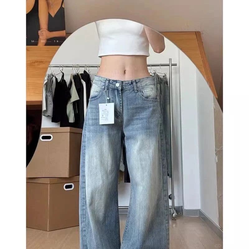 아메리칸 모통이 칼 대나무 마디 곡물 넓은 다리 청바지 여성 2026 여름 새로운 밝은색 하이웨이스트 슬림해 보이는 스트레이트 청바지 이미지 2