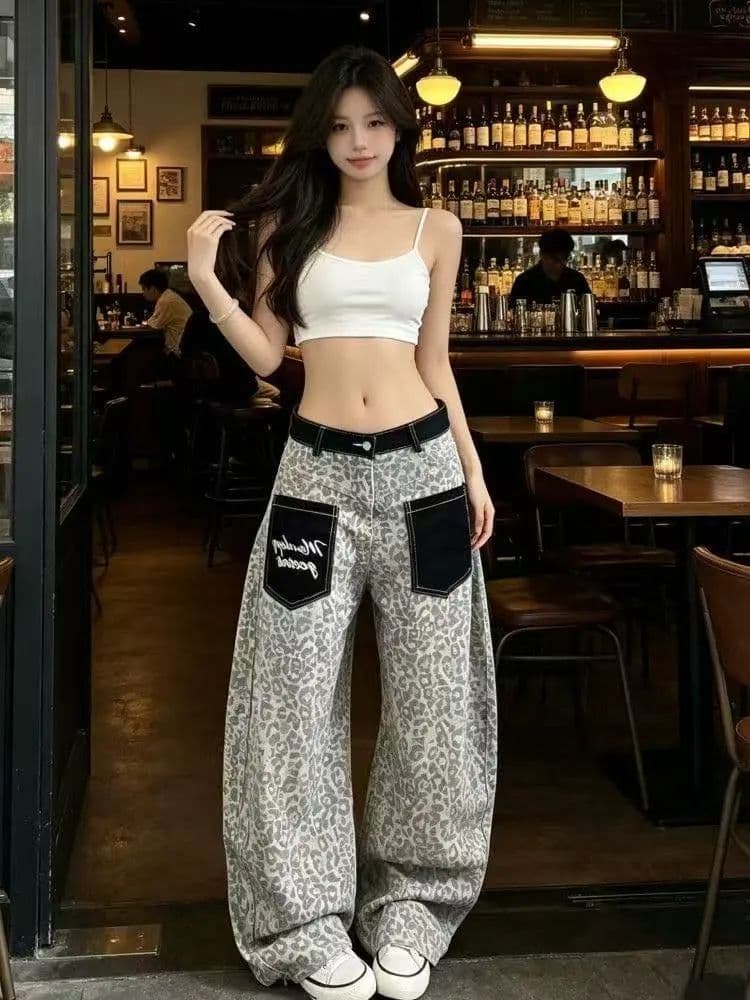 아메리칸 레트로 레오파드 무늬 패치워크 청바지 2026 여름 새로운 루즈핏 캐주얼 다용도 스트레이트 넓은 다리 길이 바지