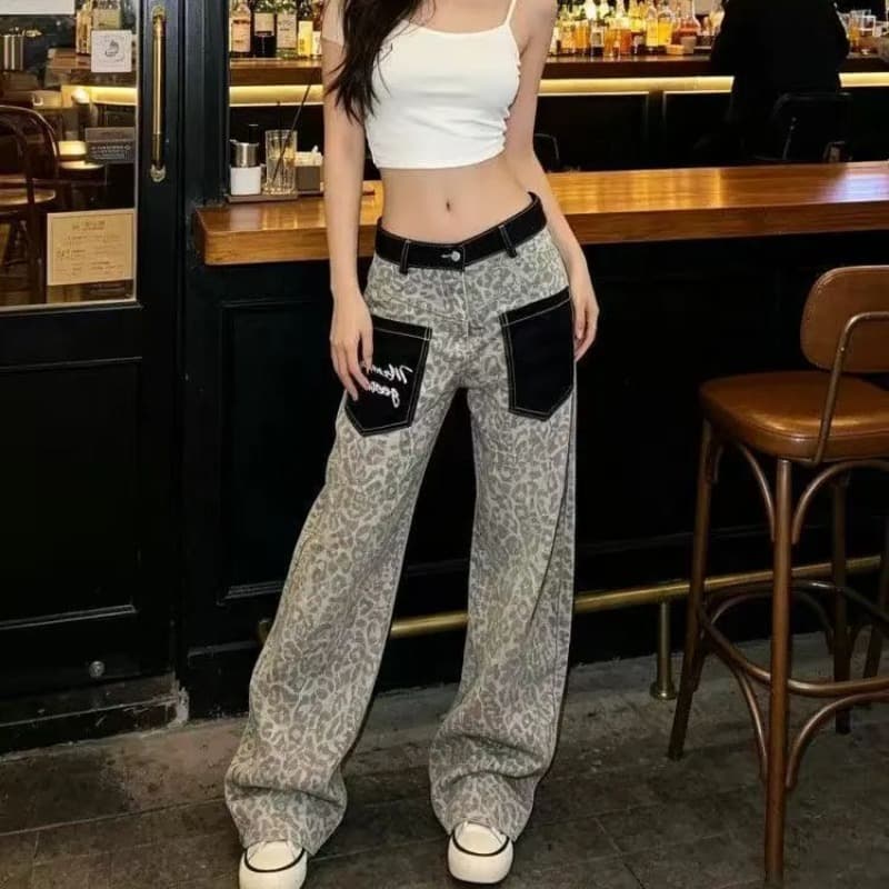 아메리칸 레트로 레오파드 무늬 패치워크 청바지 2026 여름 새로운 루즈핏 캐주얼 다용도 스트레이트 넓은 다리 길이 바지 이미지 5