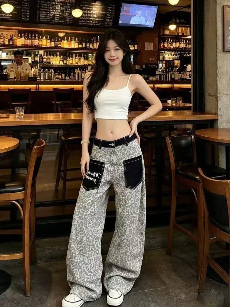 아메리칸 레트로 레오파드 무늬 패치워크 청바지 2026 여름 새로운 루즈핏 캐주얼 다용도 스트레이트 넓은 다리 길이 바지 상세 이미지 2