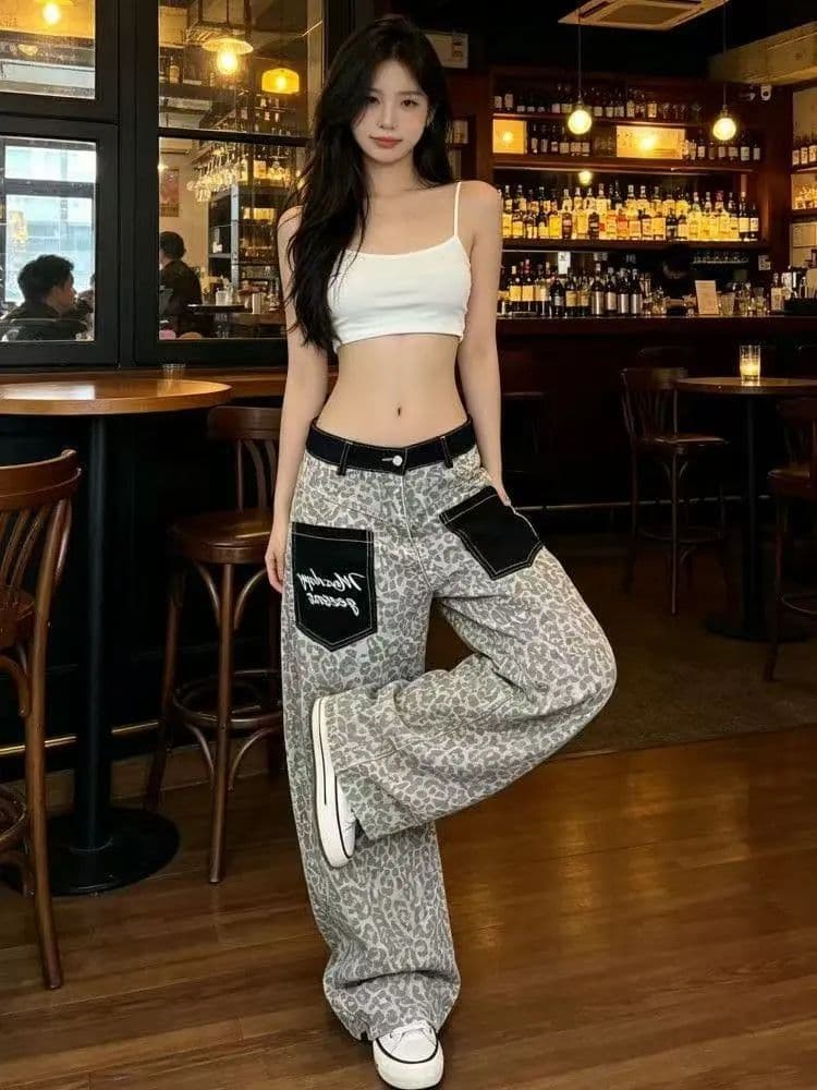 아메리칸 레트로 레오파드 무늬 패치워크 청바지 2026 여름 새로운 루즈핏 캐주얼 다용도 스트레이트 넓은 다리 길이 바지 상세 이미지 3