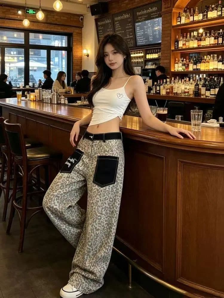 아메리칸 레트로 레오파드 무늬 패치워크 청바지 2026 여름 새로운 루즈핏 캐주얼 다용도 스트레이트 넓은 다리 길이 바지 상세 이미지 6