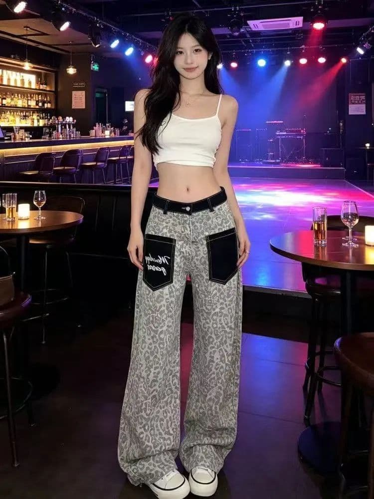 아메리칸 레트로 레오파드 무늬 패치워크 청바지 2026 여름 새로운 루즈핏 캐주얼 다용도 스트레이트 넓은 다리 길이 바지 상세 이미지 7