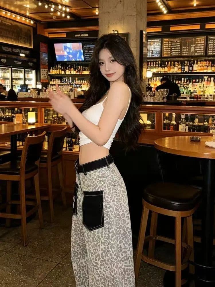 아메리칸 레트로 레오파드 무늬 패치워크 청바지 2026 여름 새로운 루즈핏 캐주얼 다용도 스트레이트 넓은 다리 길이 바지 상세 이미지 8