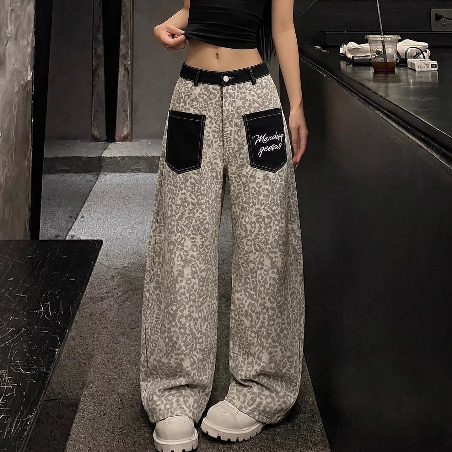 아메리칸 레오파드 무늬 패치워크 살구 색상 청바지 여성 여름 새로운 디자인 센스 루즈핏 캐주얼 넓은 다리 모통이 칼 긴 바지 상세 이미지 2
