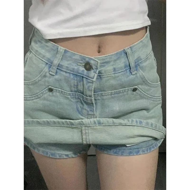 핫걸 레트로 하이웨이스트 디자인 센스 데님 짧은 치마바지 여성 여름 새로운 워싱 하늘색 한 마디 타이트 스커트 치마 상세 이미지 4