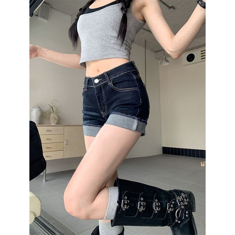 아메리칸 핫걸 하이웨이스트 섹시함 초단바지 핫 바지 청바지 여성 여름 진한 파란색 디자인 센스 볼륨 측면 짧은 바지 이미지 3