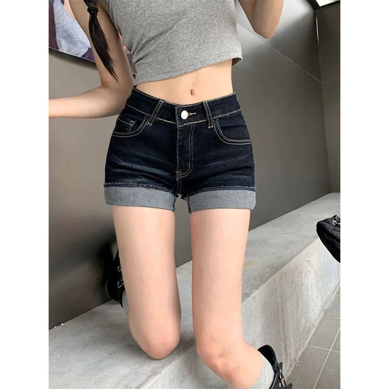 아메리칸 핫걸 하이웨이스트 섹시함 초단바지 핫 바지 청바지 여성 여름 진한 파란색 디자인 센스 볼륨 측면 짧은 바지