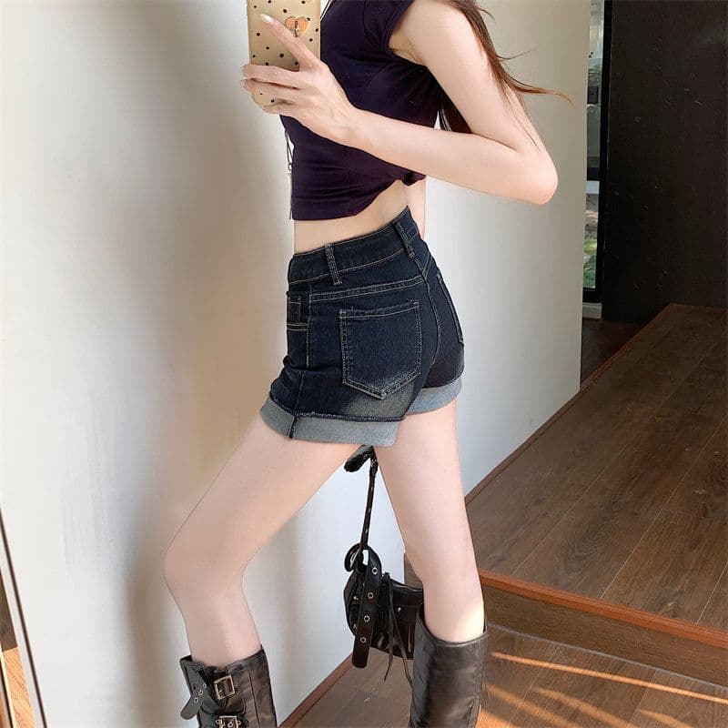 핫걸 레트로 진한 파란색 볼륨 측면 데님 반바지 여성 2026 년 새로운 여름 작은 키 몸매 가꾸기 슬림해 보이는 핫 바지 상세 이미지 14