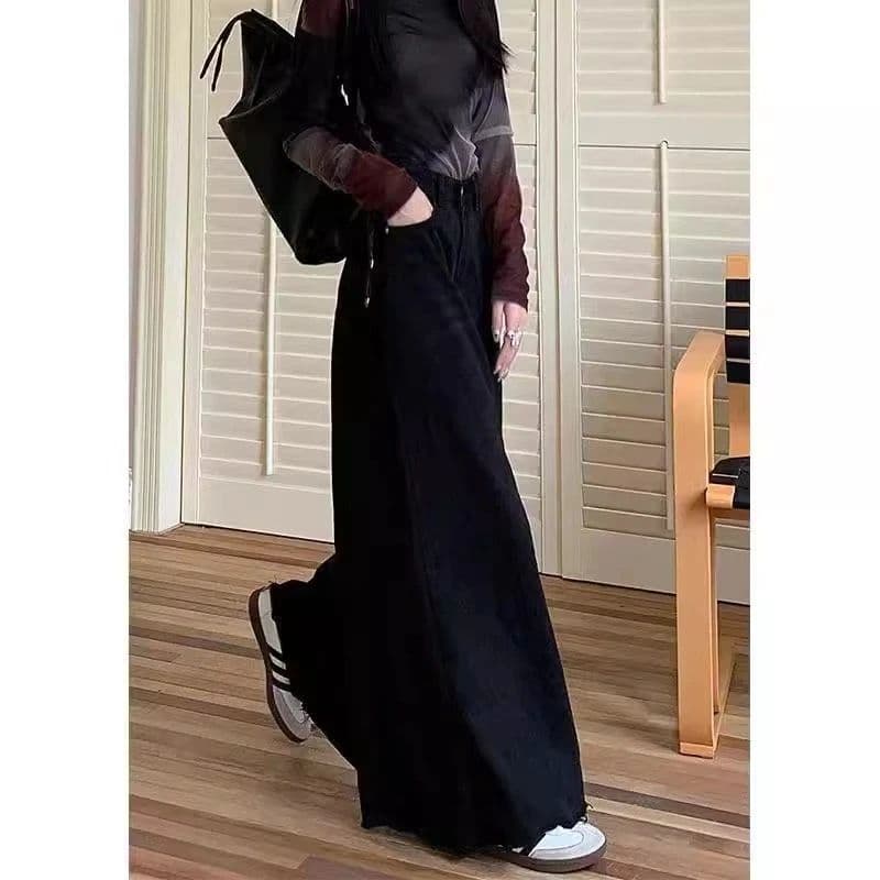 레트로 검정색 루즈핏 넓은 다리 청바지 새로운 2026 가을 하이웨이스트 표지 고기 슬림해 보이는 거친 가장자리 바닥 청소 바지 ins 상세 이미지 6