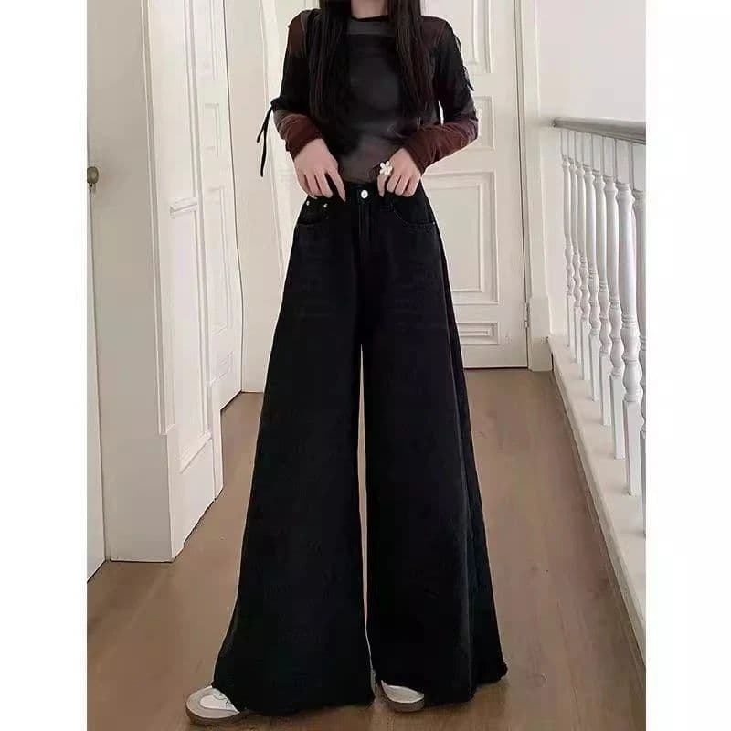 레트로 검정색 루즈핏 넓은 다리 청바지 새로운 2026 가을 하이웨이스트 표지 고기 슬림해 보이는 거친 가장자리 바닥 청소 바지 ins 상세 이미지 7