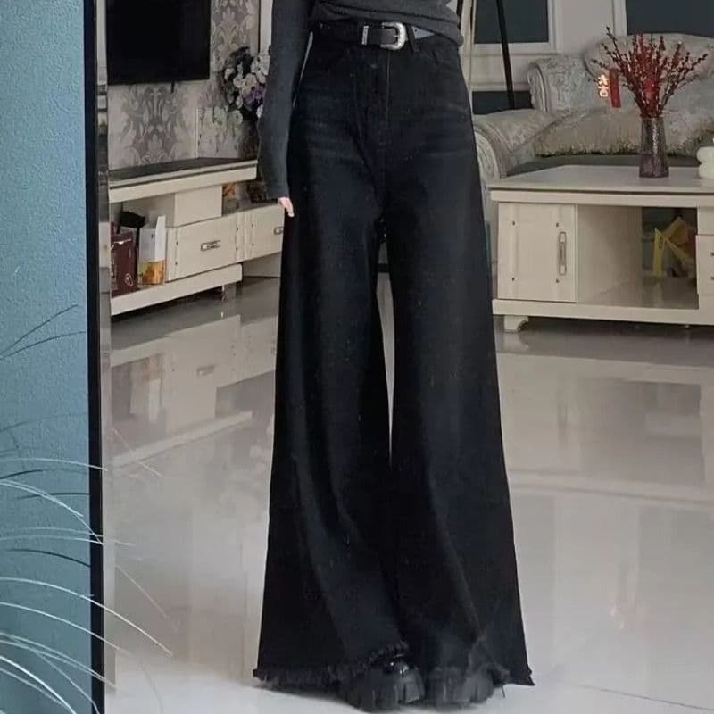 높은 품질 아메리칸 거친 가장자리 블랙 회색 넓은 다리 청바지 2026 루즈핏 하이웨이스트 넓은 다리 슬림해 보이는 스트레이트 바닥 청소 바지 이미지 3
