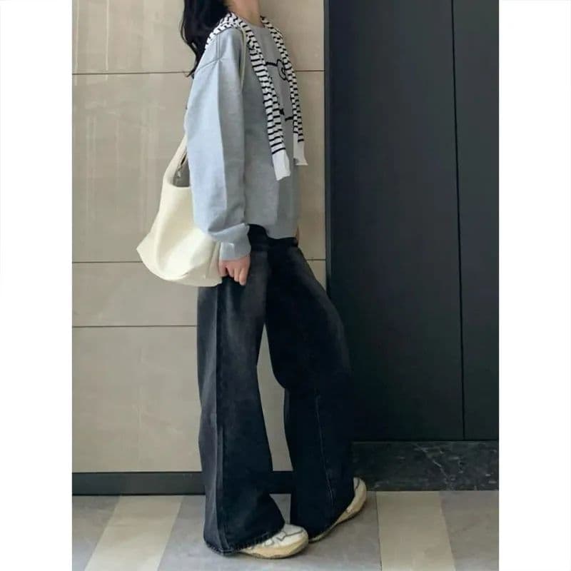 한국 스타일 블랙 회색 워싱 넓은 다리 청바지 여성 가을 새로운 하이웨이스트 루즈핏 슬림해 보이는 도루 센스 스트레이트 긴 바지 트렌디 상세 이미지 5