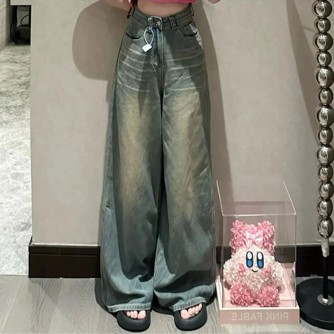 여름 아메리칸 레트로 노스탤지어 넓은 다리 워싱 청바지 여성 스트레이트 하이웨이스트 슬림해 보이는 루즈핏 바지 바닥 청소 바지 이미지 2