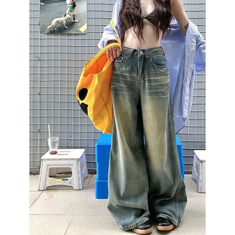 아메리칸 넓은 다리 레트로 하이웨이스트 새로운 작은 대중 핫걸 워싱 루즈핏 슬림해 보이는 도루 센스 바닥 청소 스트레이트 청바지 이미지 5