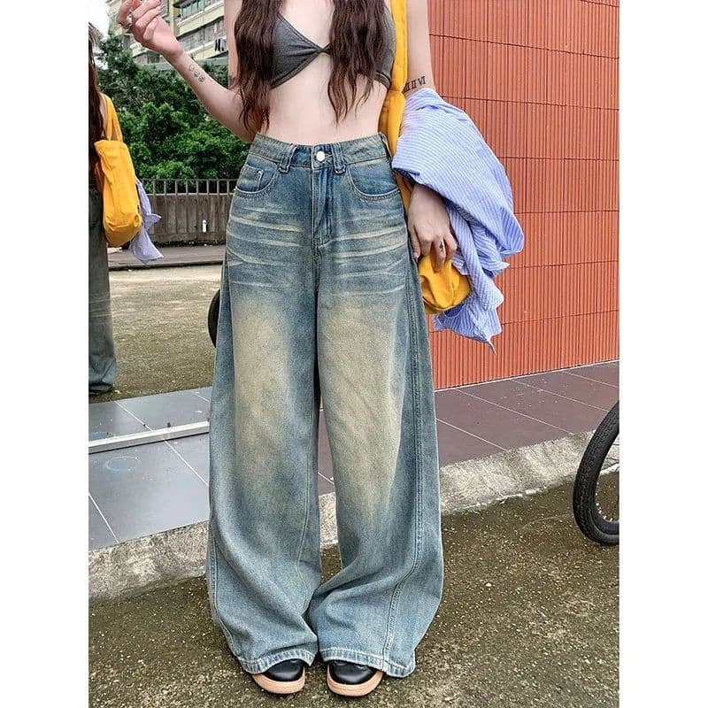 아메리칸 넓은 다리 레트로 하이웨이스트 새로운 작은 대중 핫걸 워싱 루즈핏 슬림해 보이는 도루 센스 바닥 청소 스트레이트 청바지 상세 이미지 2