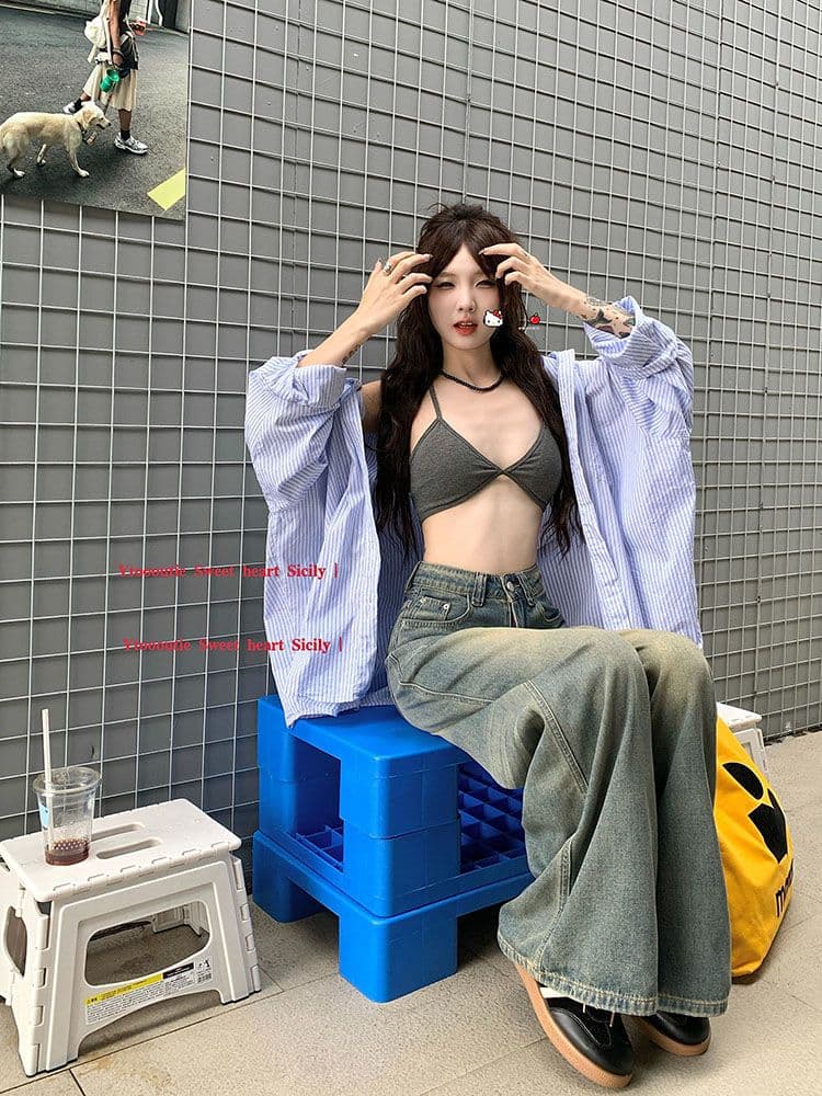 아메리칸 넓은 다리 레트로 하이웨이스트 새로운 작은 대중 핫걸 워싱 루즈핏 슬림해 보이는 도루 센스 바닥 청소 스트레이트 청바지 상세 이미지 7