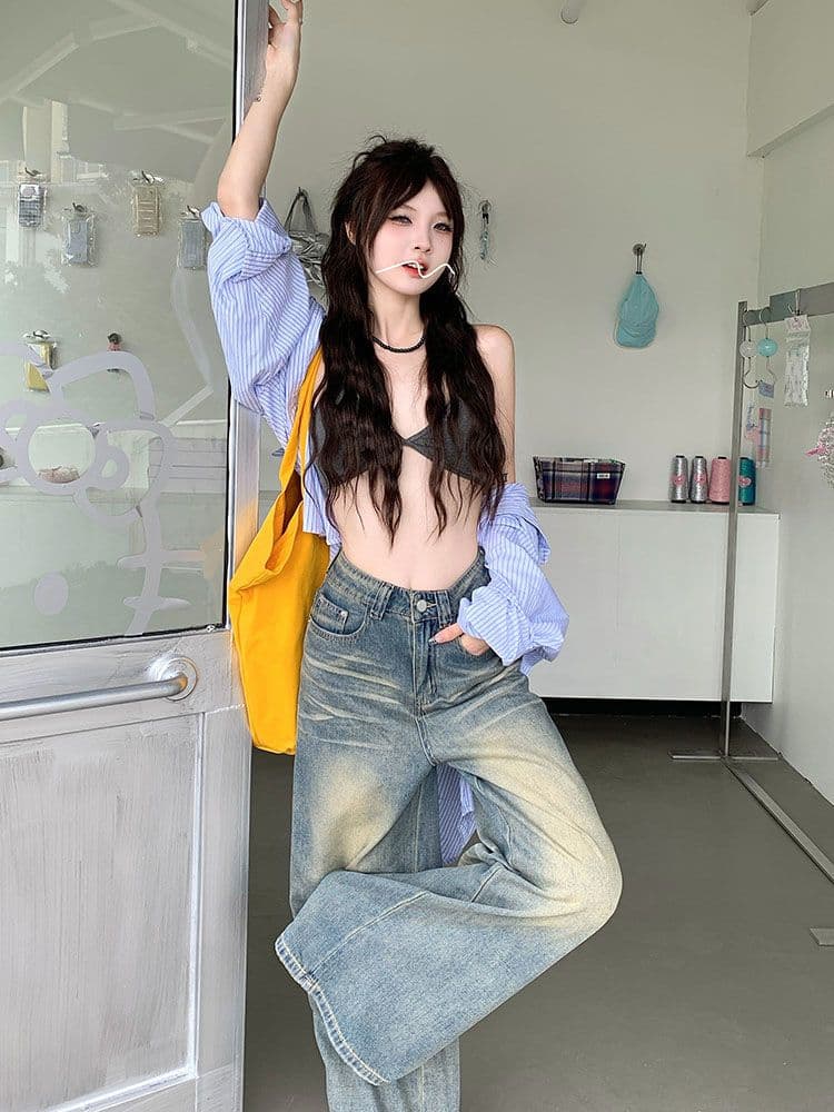 아메리칸 넓은 다리 레트로 하이웨이스트 새로운 작은 대중 핫걸 워싱 루즈핏 슬림해 보이는 도루 센스 바닥 청소 스트레이트 청바지 상세 이미지 9