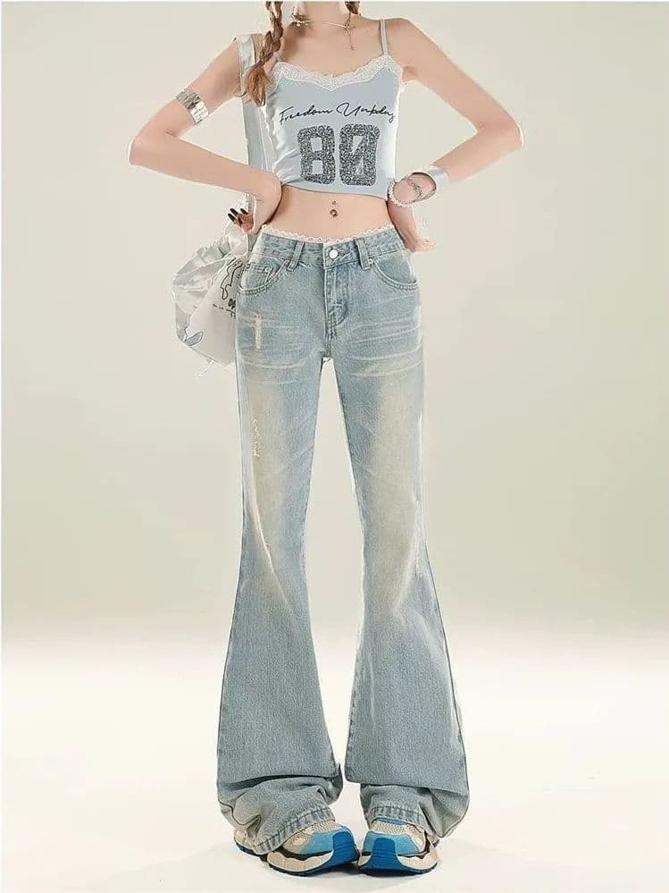 하늘색 워싱 부츠컷 청바지 여성 2026 여름 레이스 조각 로우 웨이스트 슬림해 보이는 몸매 가꾸기 나팔 바지 이미지 3
