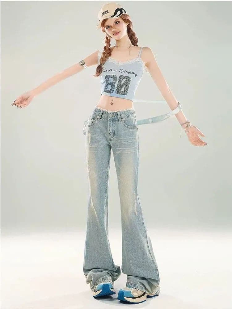 하늘색 워싱 부츠컷 청바지 여성 2026 여름 레이스 조각 로우 웨이스트 슬림해 보이는 몸매 가꾸기 나팔 바지 이미지 4