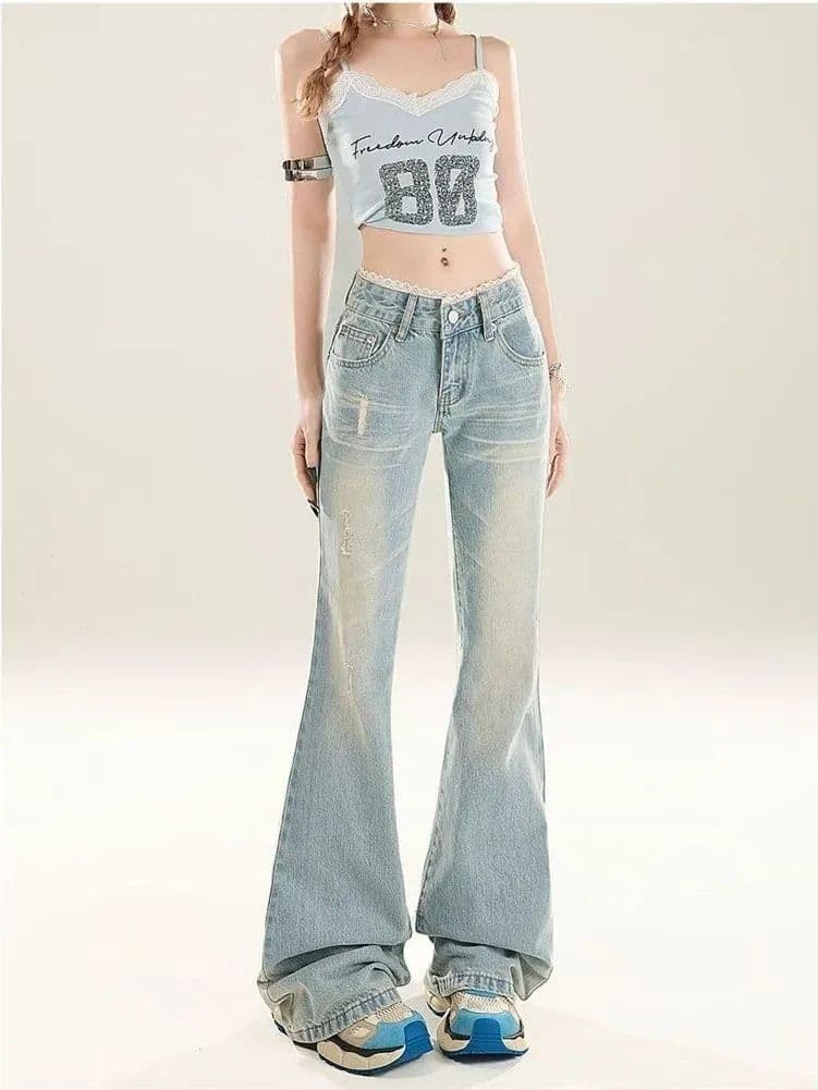 하늘색 워싱 부츠컷 청바지 여성 2026 여름 레이스 조각 로우 웨이스트 슬림해 보이는 몸매 가꾸기 나팔 바지 상세 이미지 2