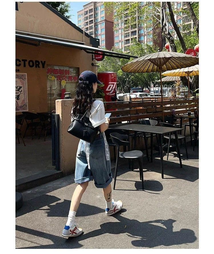 파란색 레트로 워싱 넓은 다리 7 점 데님 반바지 여성 여름 루즈핏 스트레이트 도루 센스 다용도 중성 바람 바지 상세 이미지 8