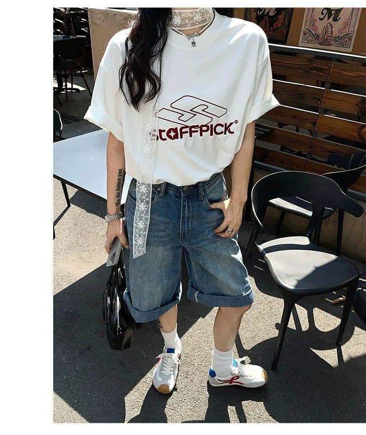 파란색 레트로 워싱 넓은 다리 7 점 데님 반바지 여성 여름 루즈핏 스트레이트 도루 센스 다용도 중성 바람 바지 상세 이미지 9