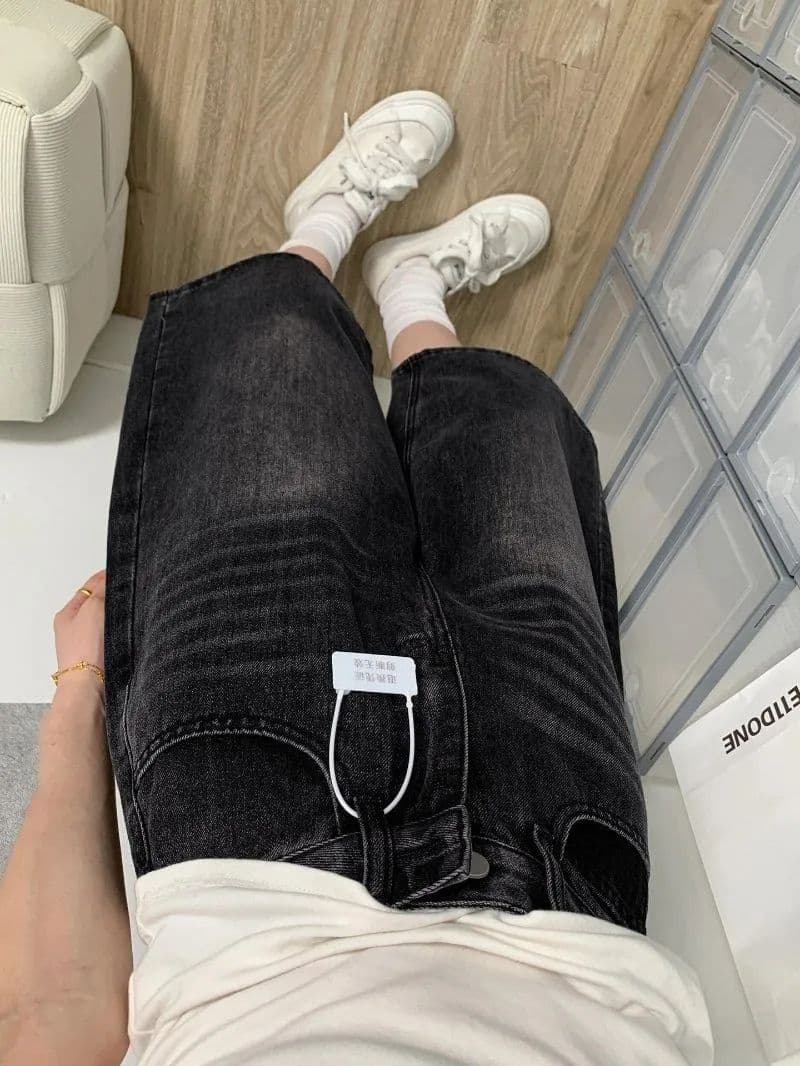 아메리칸 검정색 넓은 다리 데님 7부 바지 여성 2026 여름 루즈핏 슬림해 보이는 배 모양 몸 스트레이트 바지 이미지 3