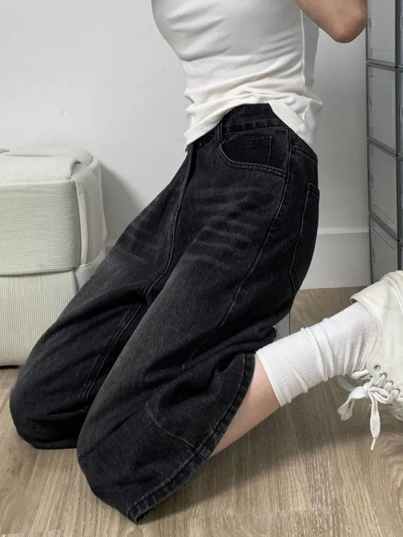 아메리칸 검정색 넓은 다리 데님 7부 바지 여성 2026 여름 루즈핏 슬림해 보이는 배 모양 몸 스트레이트 바지 상세 이미지 4