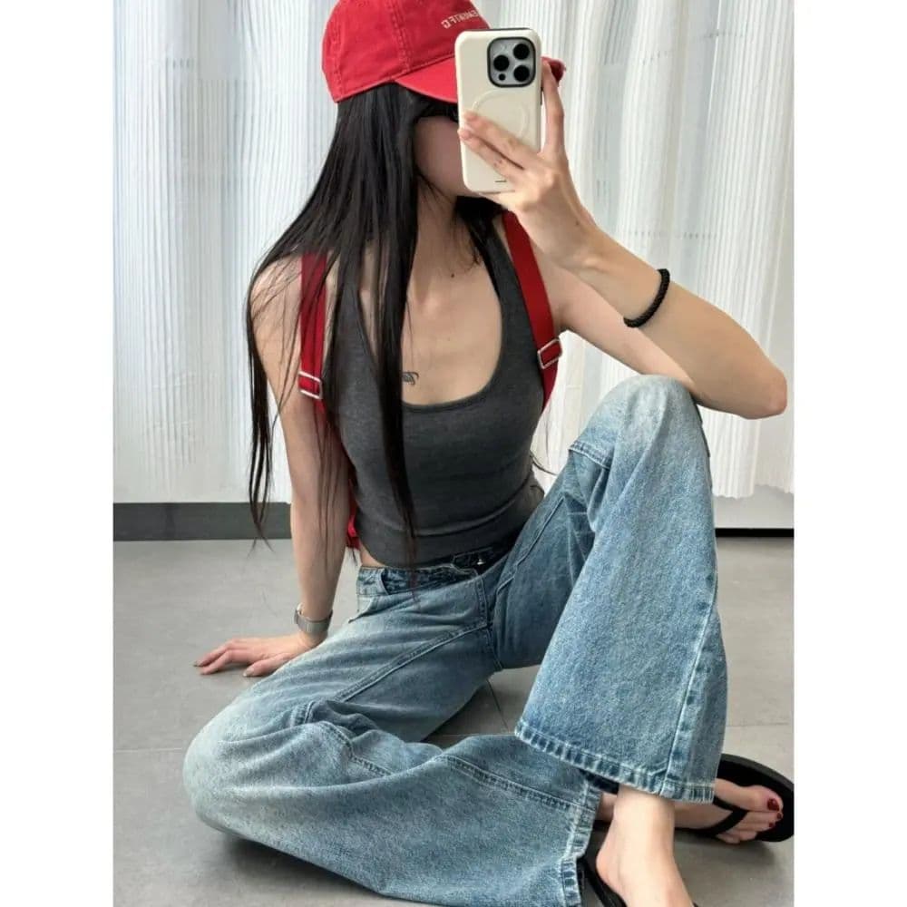 경관 그림 2026 가을 아메리칸 레트로 워싱 균열 청바지 여성 루즈핏 슬림해 보이는 스트레이트 넓은 다리 길이 바지 상세 이미지 5