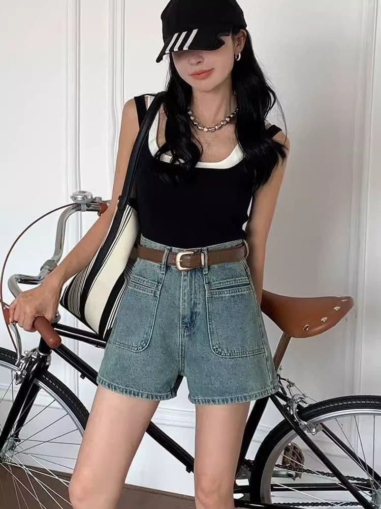 레트로 데님 반바지 여성 작은 키 2026 새로운 여름 하이웨이스트 루즈핏 슬림해 보이는 넓은 다리 스트레이트 한 마디 핫 바지 상세 이미지 6