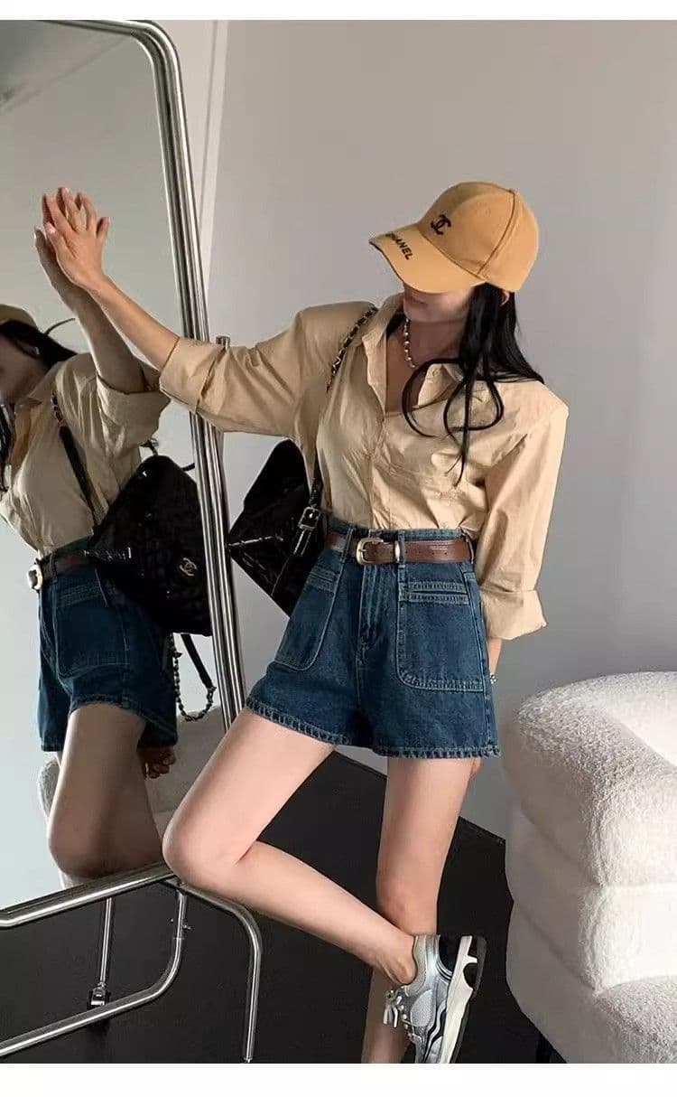 레트로 데님 반바지 여성 작은 키 2026 새로운 여름 하이웨이스트 루즈핏 슬림해 보이는 넓은 다리 스트레이트 한 마디 핫 바지 상세 이미지 15